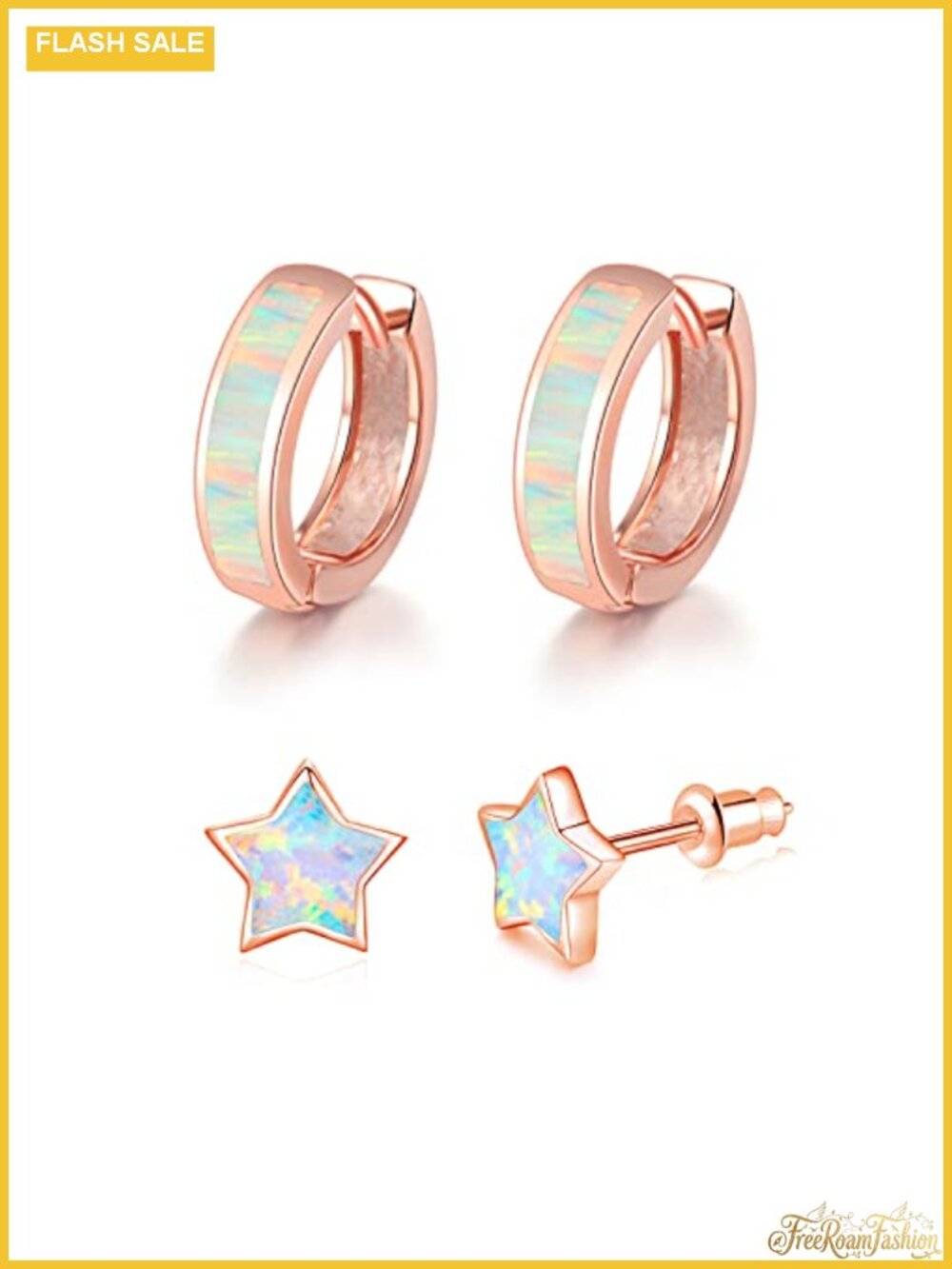 14K White Gold Plated Opal Huggie Hoop Earring Set Hypoallergenic Small Hoops